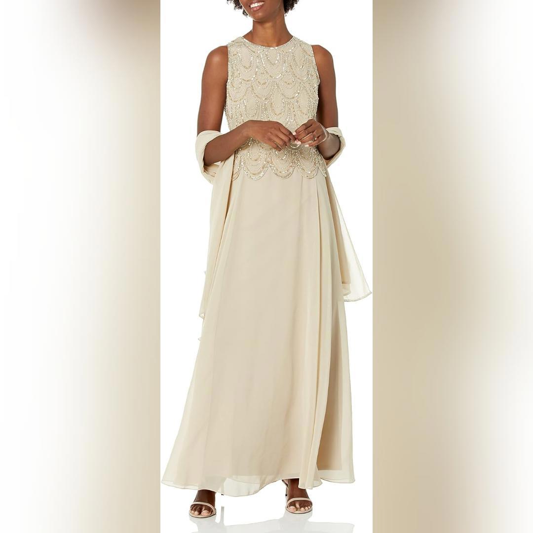 Nwt J Kara Women's Sleeveless Beaded Pop Over Long Dress With Scarf, 6